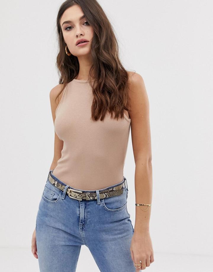Asos Design Top With Clean High Neck In Rib In Tobacco-brown