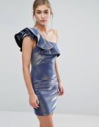 Miss Selfridge Metallic Frill Shoulder Detail Dress - Blue