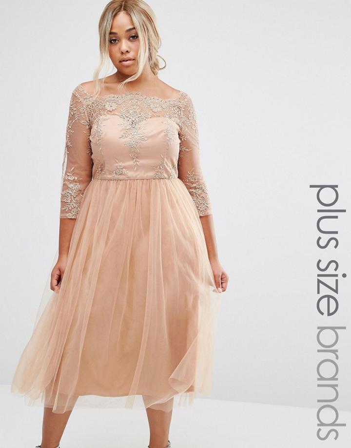 Chi Chi London Plus Premium Embroidered Prom Dress With Tulle Skirt - Tan
