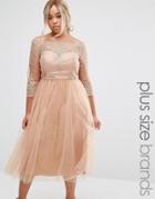 Chi Chi London Plus Premium Embroidered Prom Dress With Tulle Skirt - Tan