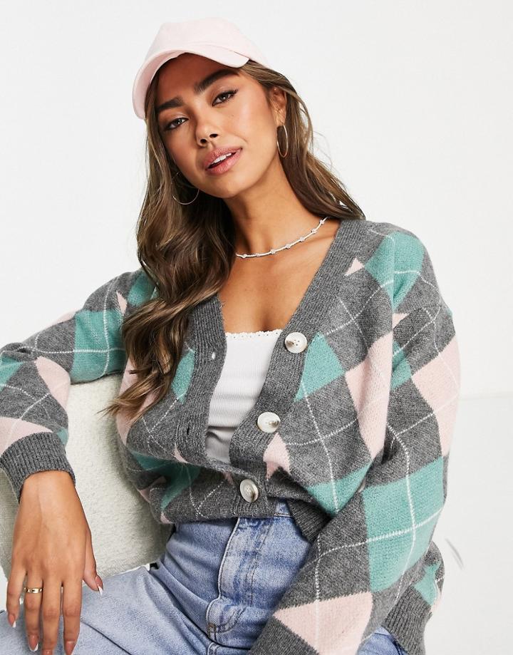 New Look Boyfriend Cardigan In Argyle Print-gray