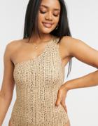 Monki Dora Recycled Polyester Dot Print One Shoulder Swimsuit In Beige-neutral