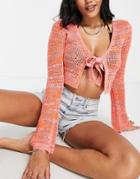 Asos Design Tie Front Beach Top In Neon Space Dye-multi