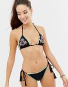 Asos Design Stitch Embroidered Scallop Tie Side Bikini Bottom In Black - Black