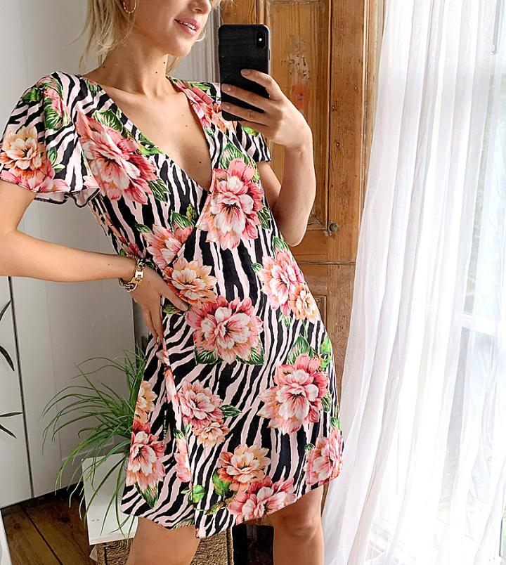 Reclaimed Vintage Inspired Mini Wrap Dress In Mixed Animal Floral Print-multi