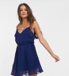 Asos Design Petite Pleated Cami Mini Dress With Drawstring Waist In Navy