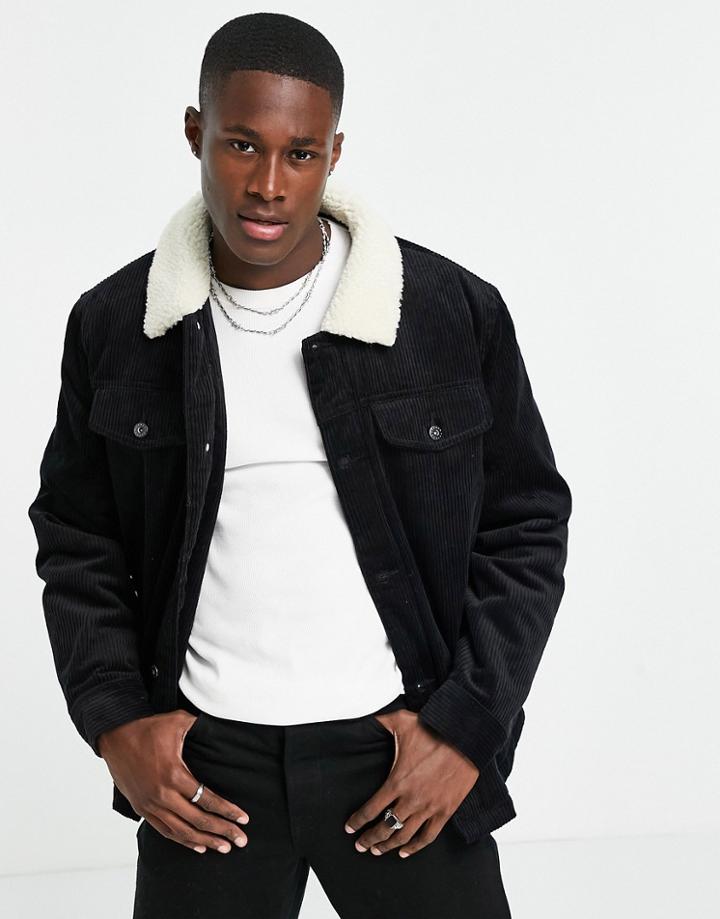 Topman Corduroy Jacket With Teddy Collar In Black
