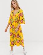 Influence Wrap Midi Dress With Flared Sleeve In Yellow Floral - Yellow