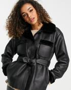 Topshop Faux Shearling Tie Waist Jacket In Black