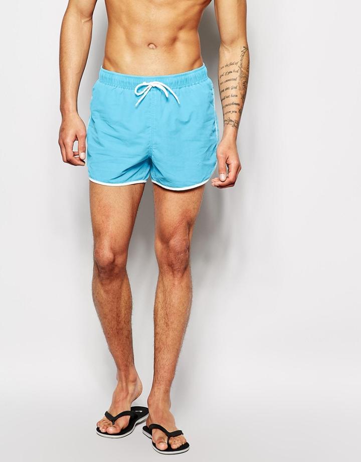 Asos Runner Swim Shorts With Acid Wash In Short Length - Turquoise