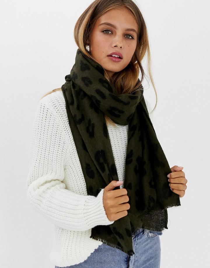New Look Animal Print Scarf In Khaki - Black