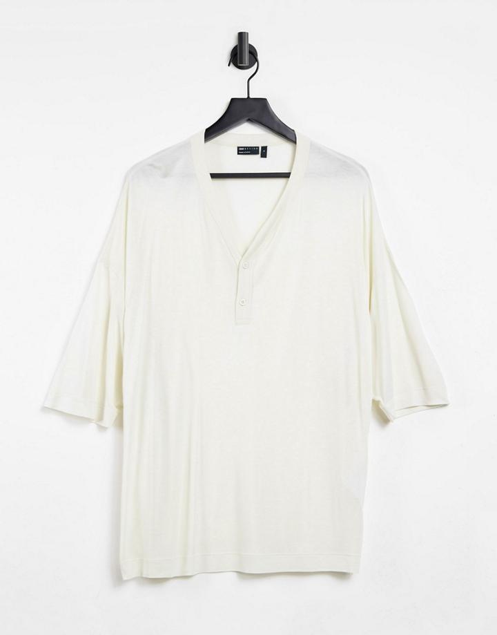 Asos Design Oversized Viscose Half Sleeve T-shirt With V-neck In Beige-neutral