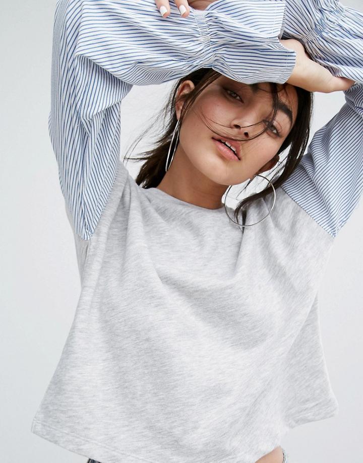 Bershka Woven Sleeve And Gray Sweat Top - Gray