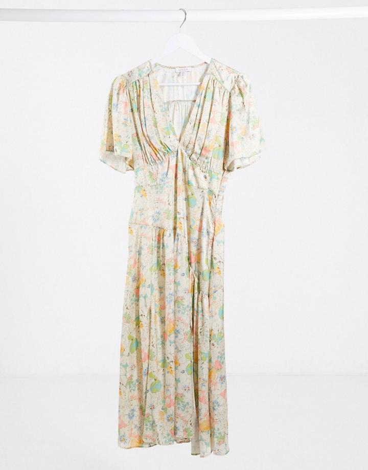 Topshop V-neck Midi Dress In Cream Floral-multi