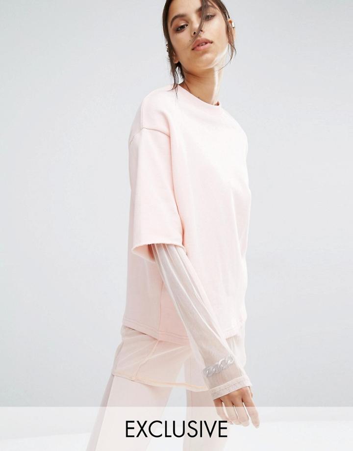 Bones Oversized Double Layer Crew Neck Sweatshirt - Pink