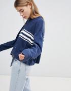 Hollister Oversized Crop Sweat With Raw Hem And Stripe - Blue