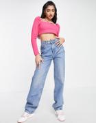 The Frolic Strap Detail Long Sleeved Crop Top In Fuchsia Pink