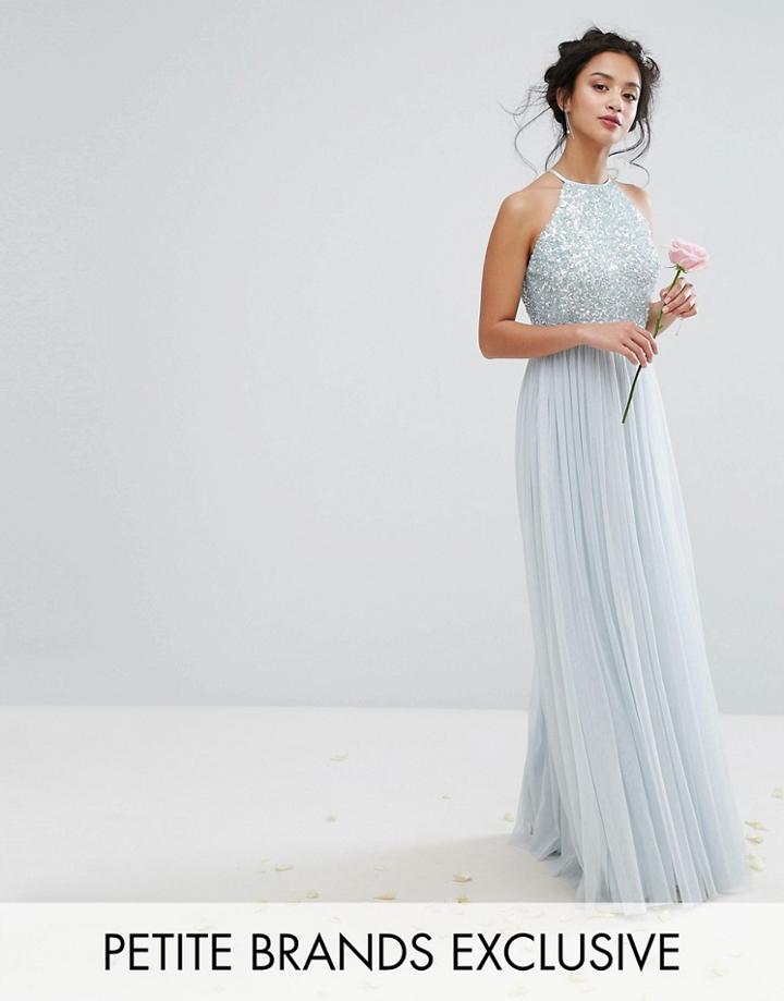 Maya Petite High Neck Maxi Tulle Dress With Tobal Delicate Sequins - Blue