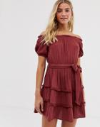 Miss Selfridge Bardot Mini Dress With Tie Waist In Red - Red