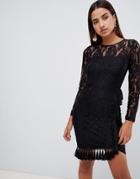 Love Triangle Open Back Lace Bodycon Dress With Tassel Skirt Detail In Black - Black