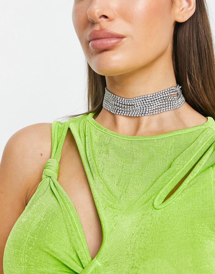 Asos Design Choker Necklace In Mutli Row Crystal Design In Silver Tone