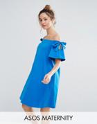 Asos Maternity Off Shoulder Dress With With Tie Sleeve Detail - Blue