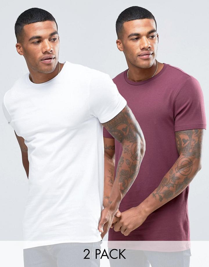 Asos 2 Pack Longline Muscle T-shirt In White/red - Multi