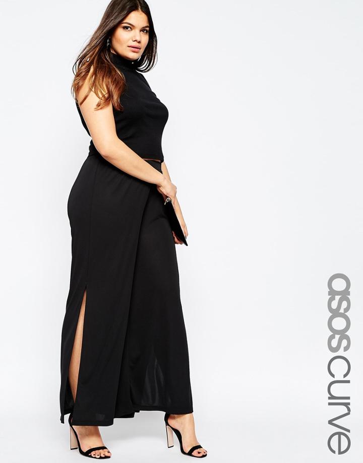 Asos Curve Wide Leg Pant With Side Split In Crepe - Black