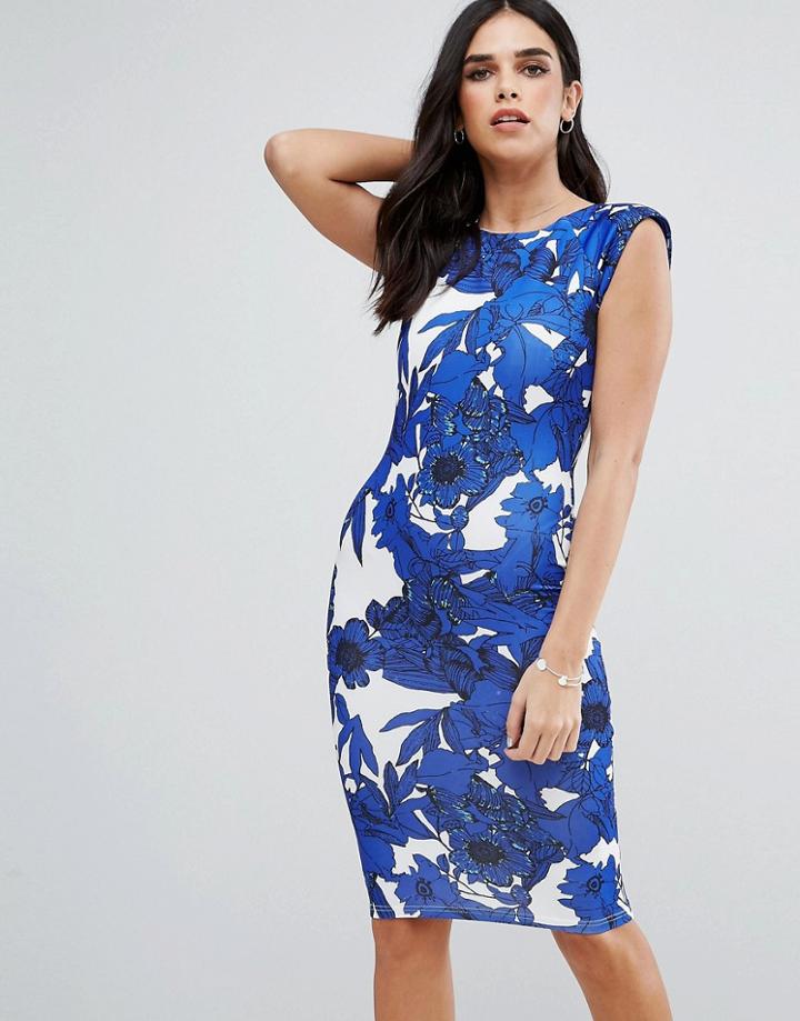 Ax Paris Capped Sleeve Printed Midi Bodycon Dress - Multi