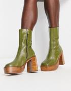 Asos Design Romeo Leather Platform Boots In Khaki-green