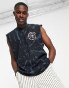 Topman Oversized Fit Tie-dye Tank With Spiral Chest Print In Washed Black