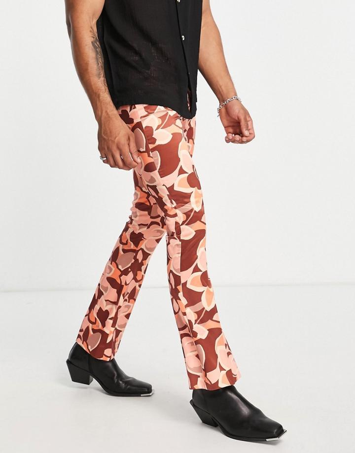 Asos Design Flared Pants In Retro Orange Floral Print-white