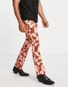Asos Design Flared Pants In Retro Orange Floral Print-white