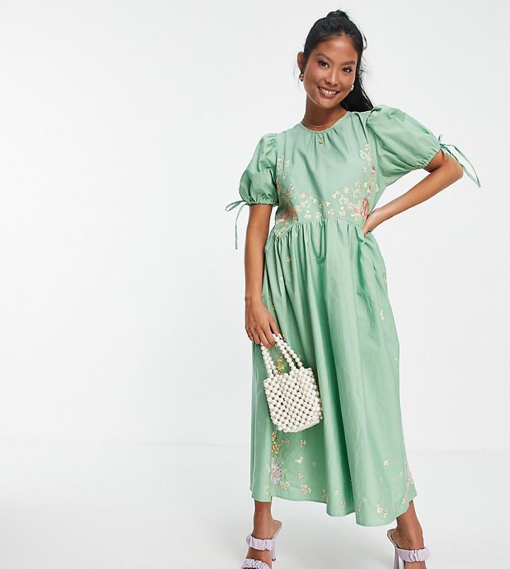 Asos Design Petite Cotton Poplin Embroidered Midi Smock Dress With Open Back In Sage Green