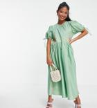 Asos Design Petite Cotton Poplin Embroidered Midi Smock Dress With Open Back In Sage Green