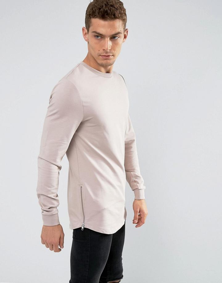 Asos Longline Lightweight Muscle Fit Sweatshirt With Side Zip In Pink - Pink