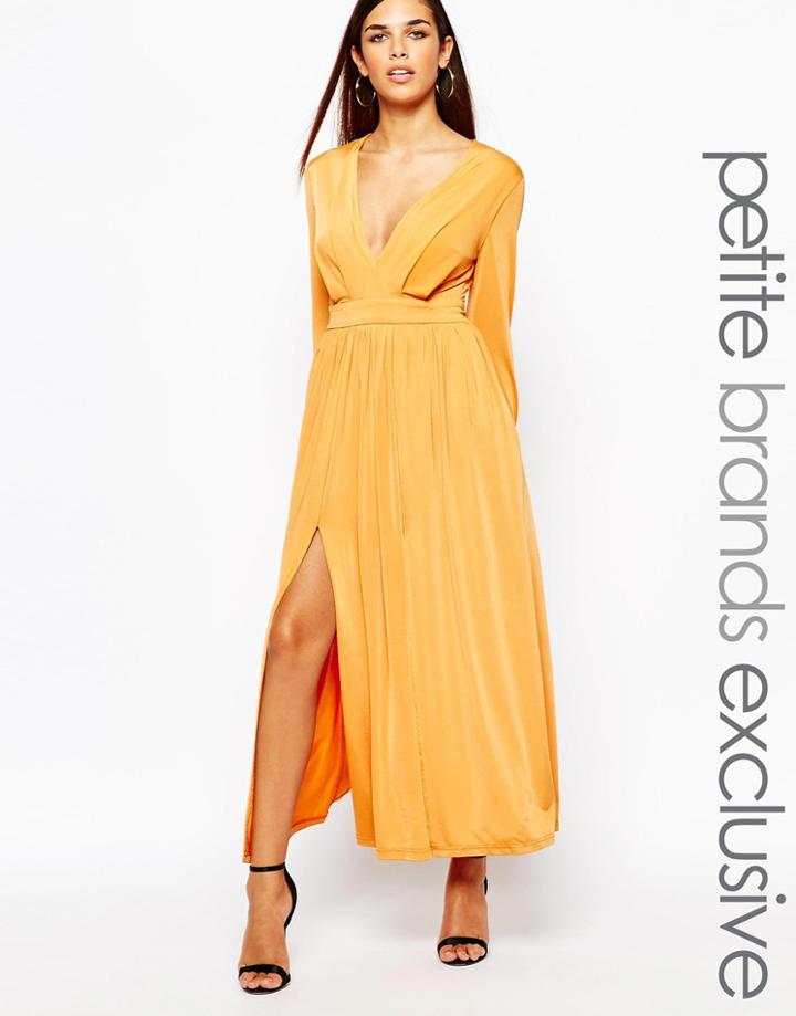 Lipstick Boutique Petite 70's Plunge Neck Maxi Dress With Double Splits - Orange