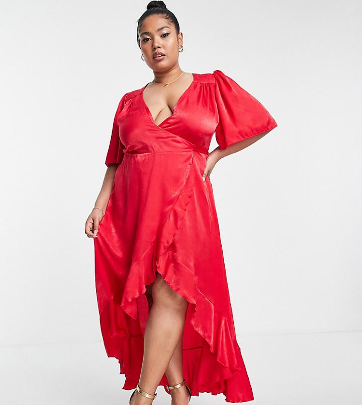 Flounce London Plus Wrap Front Midi Dress With Flutter Sleeves In Red Satin