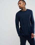 Asos Longline Long Sleeve T-shirt In Drape Viscose Fabric In Navy - Navy