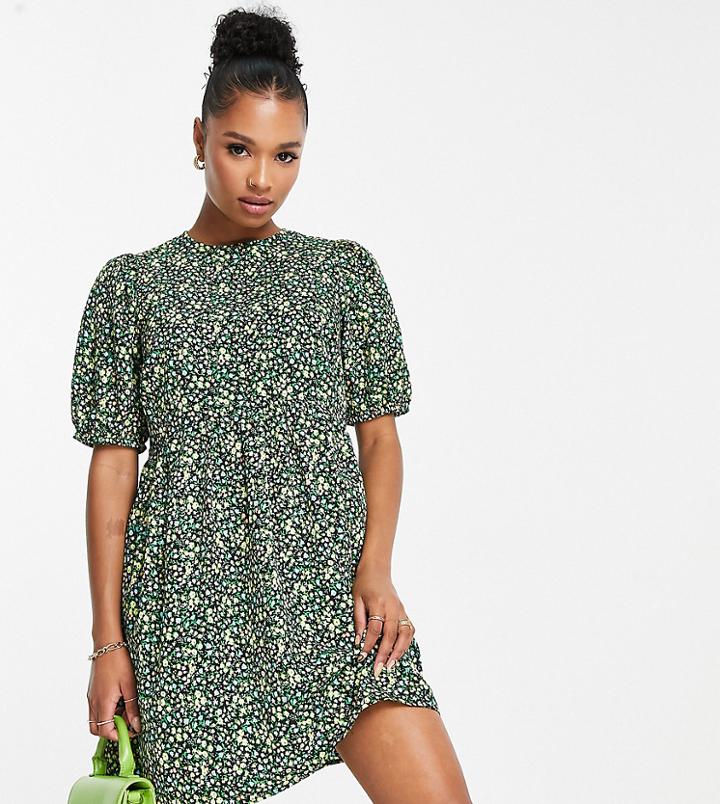 New Look Petite Tie Sleeve Mini Smock Dress In Green Floral-black