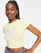 Monki Cropped Tee With Placement Butterfly Print In Yellow