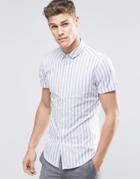 Asos Skinny Shirt In Bold Blue Stripe With Short Sleeves - Blue