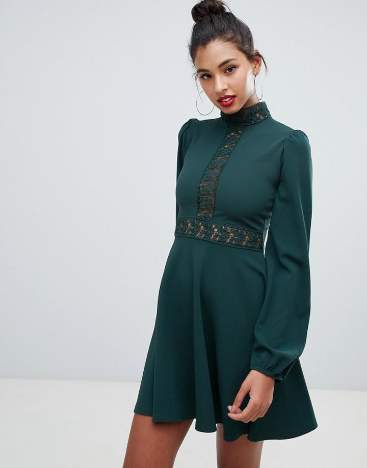 Prettylittlething High Neck Crochet Trim Skater Dress In Green - Green