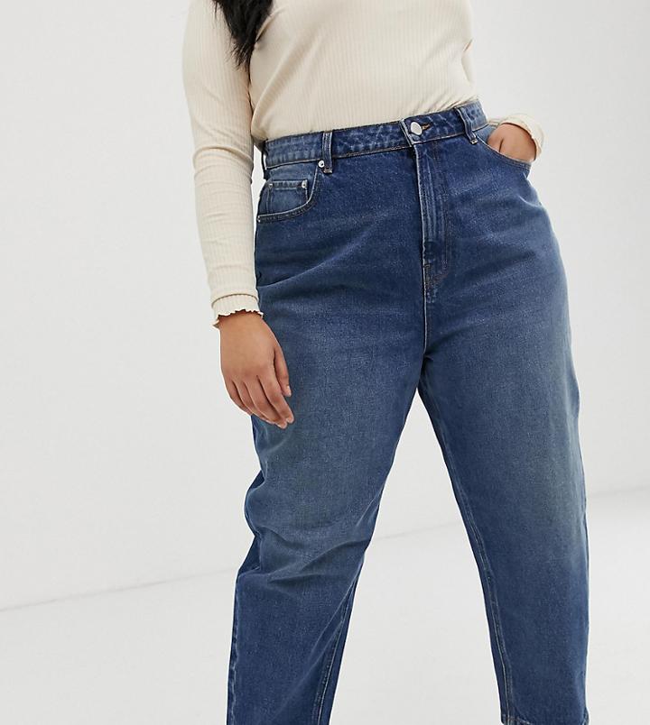 Asos Design Curve Balloon Boyfriend Jeans In Dark Mid Vintage Blue Wash - Blue