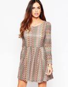 Iska Long Sleeve Skater Dress In Muted Pattern Print - Multi