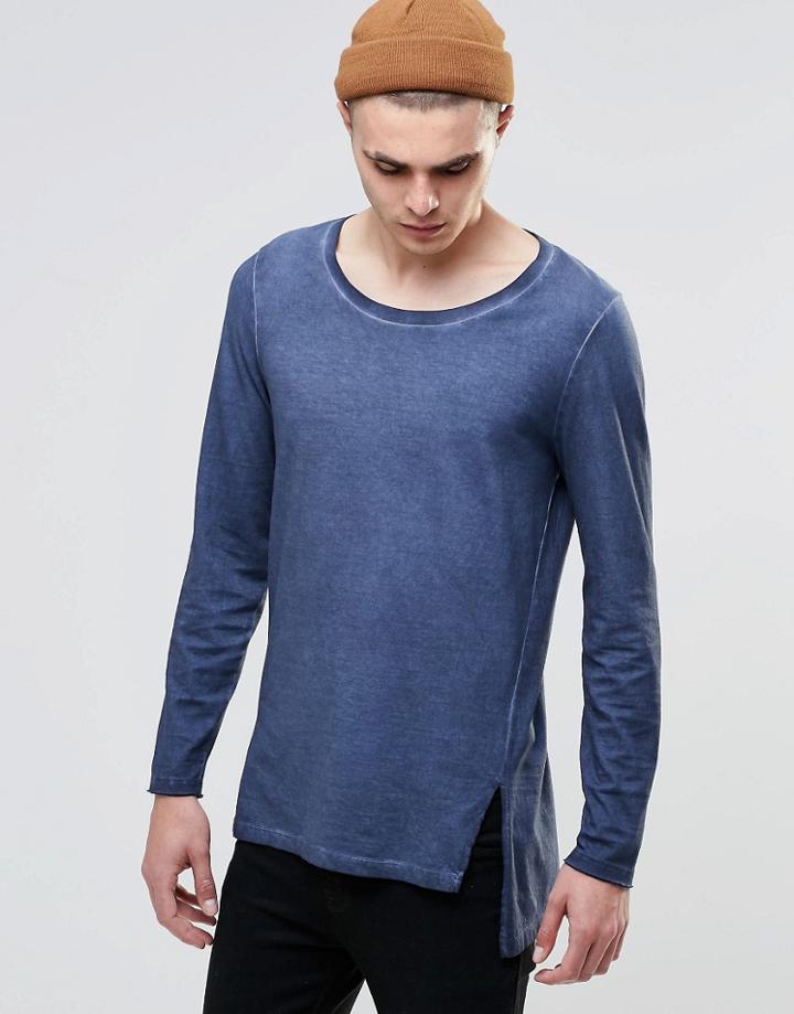 Asos Longline Long Sleeve T-shirt With Distressed Hem - Navy