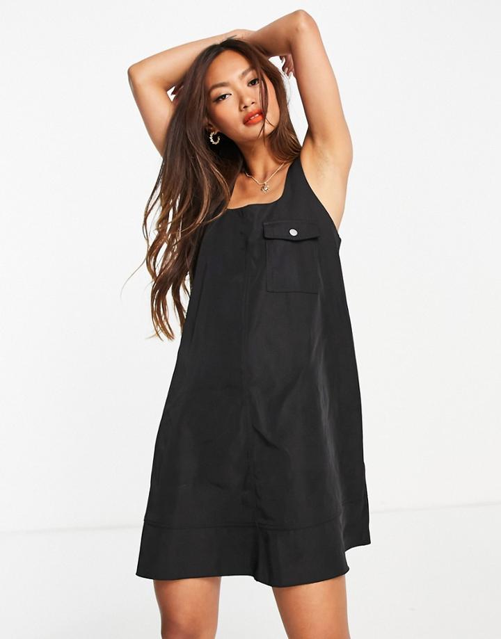 Asos Design Nylon Swing Mini Pinafore Dress In Black