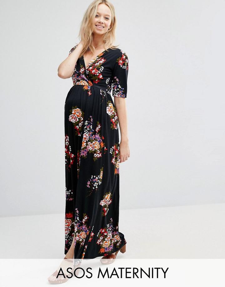 Asos Maternity Maxi Dress With Wrap Front In Floral Print - Multi