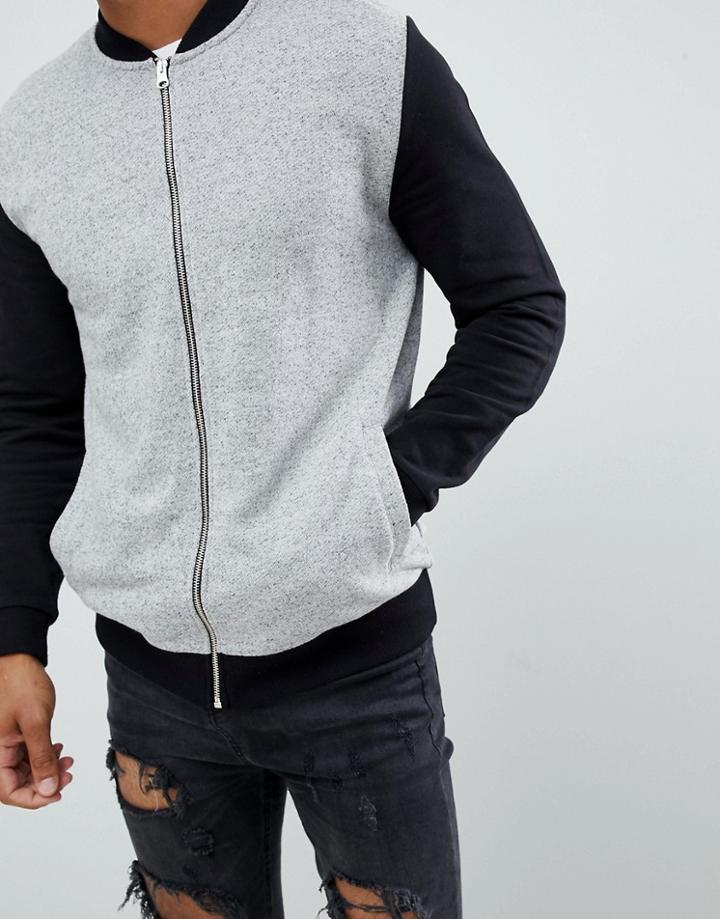 Asos Jersey Bomber Jacket In Gray Nep With Contrast Sleeves - Gray