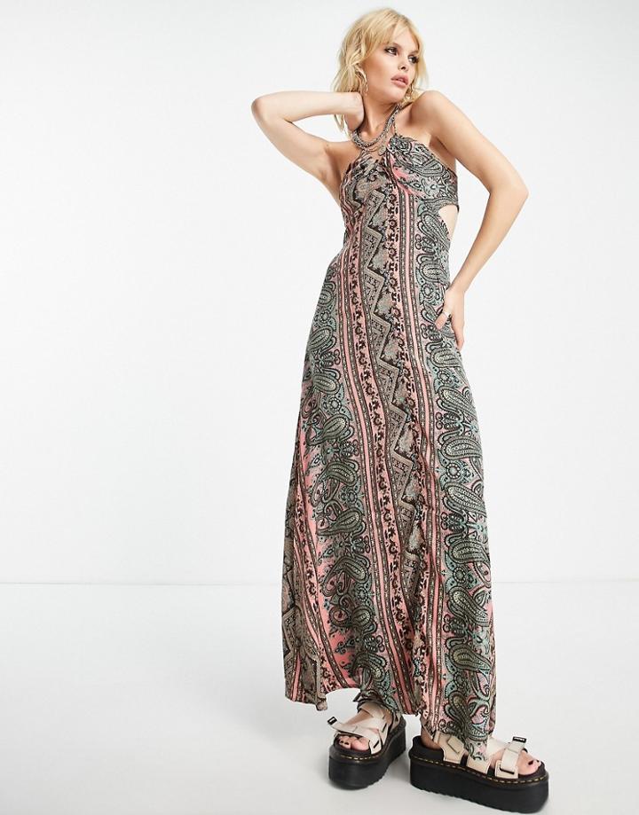Violet Romance Halter Neck Tie Back Midaxi Dress In Paisley Print-multi